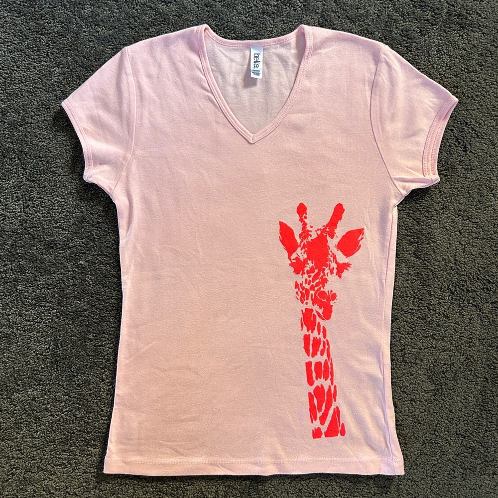 Soft, New Pink V-Neck T-Shirt with Red Giraffe Print - matching mother / child